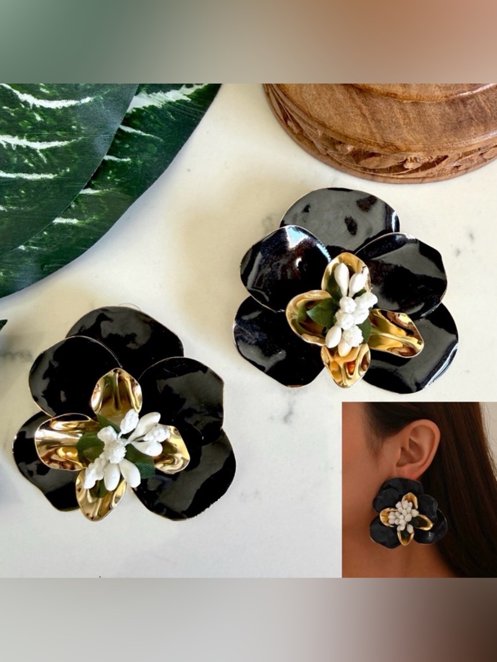 2/$30🌵 Black & Gold Petal Flower Earrings Statement Jumbo Garden Jewelry NEW